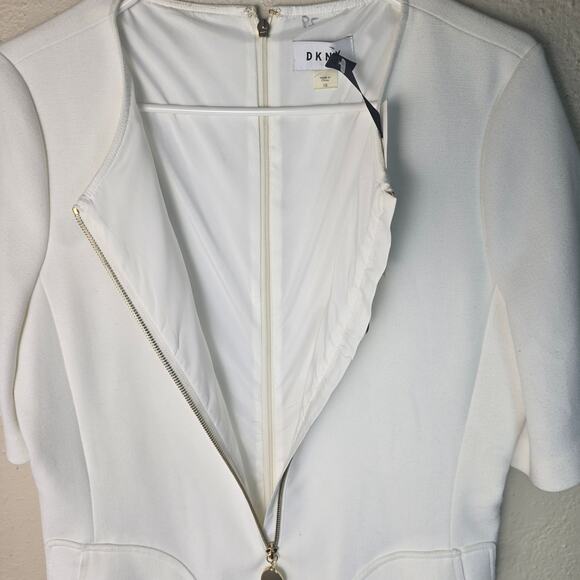 DKNY White Front Half Zip Elbow Length Short Sleeve Knee Length Dress NWT - 10 - Picture 3 of 7